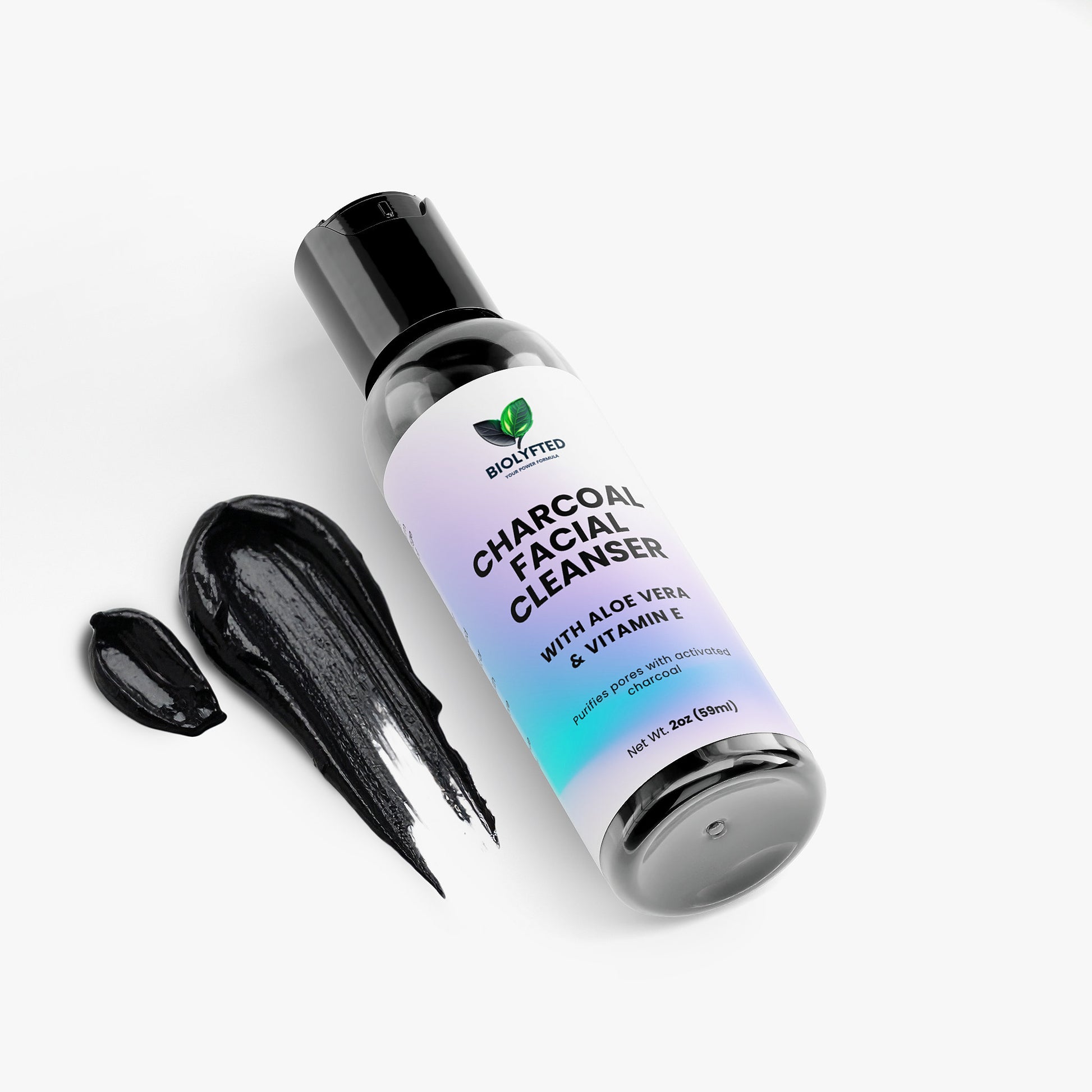 Bottle of Biolyfted Charcoal Facial Cleanser with a white label on a light gray background